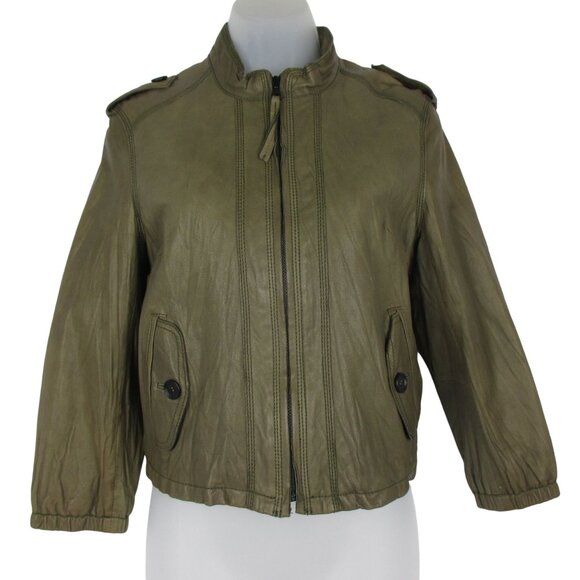 Converse Faux Leather Cropped Bomber Jacket Zip Women's Size S Green Casual Chic - Picture 1 of 8